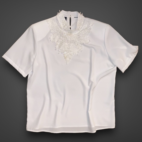 v i n t a g e :: Romantic Floral Lace High Neck Pearl Satin Blouse - Picture 7 of 14